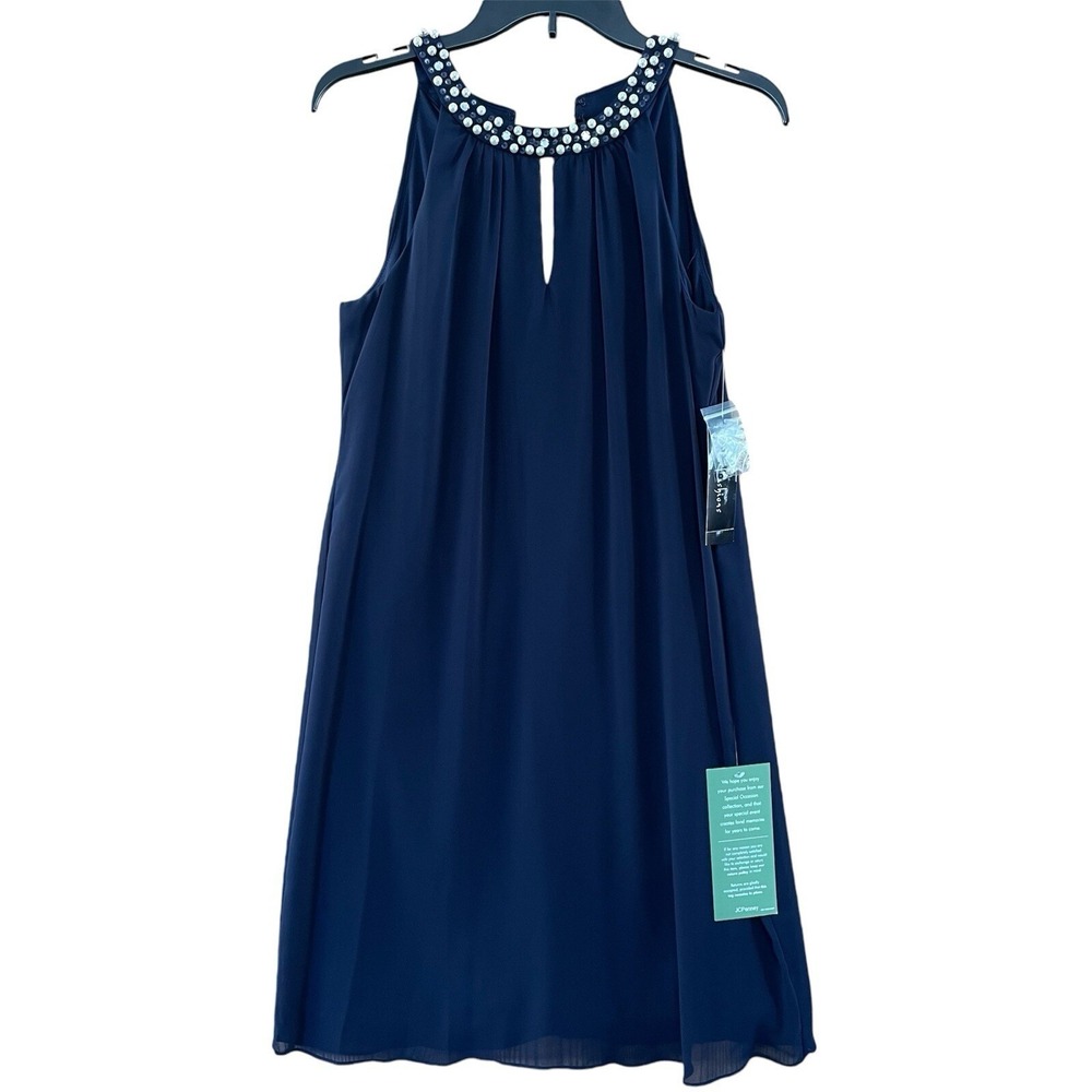 S.L. Fashion Dress Navy Blue Beaded Halter Neckline Keyhole Sleeveless Size 4‎